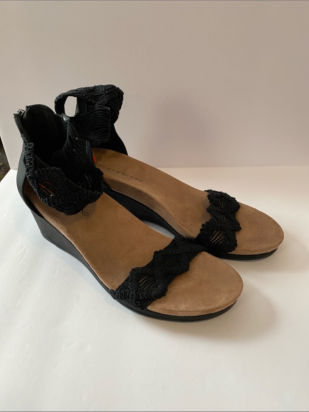 Lucky Brand Black Woven Ankle Strap Wedge Sandals